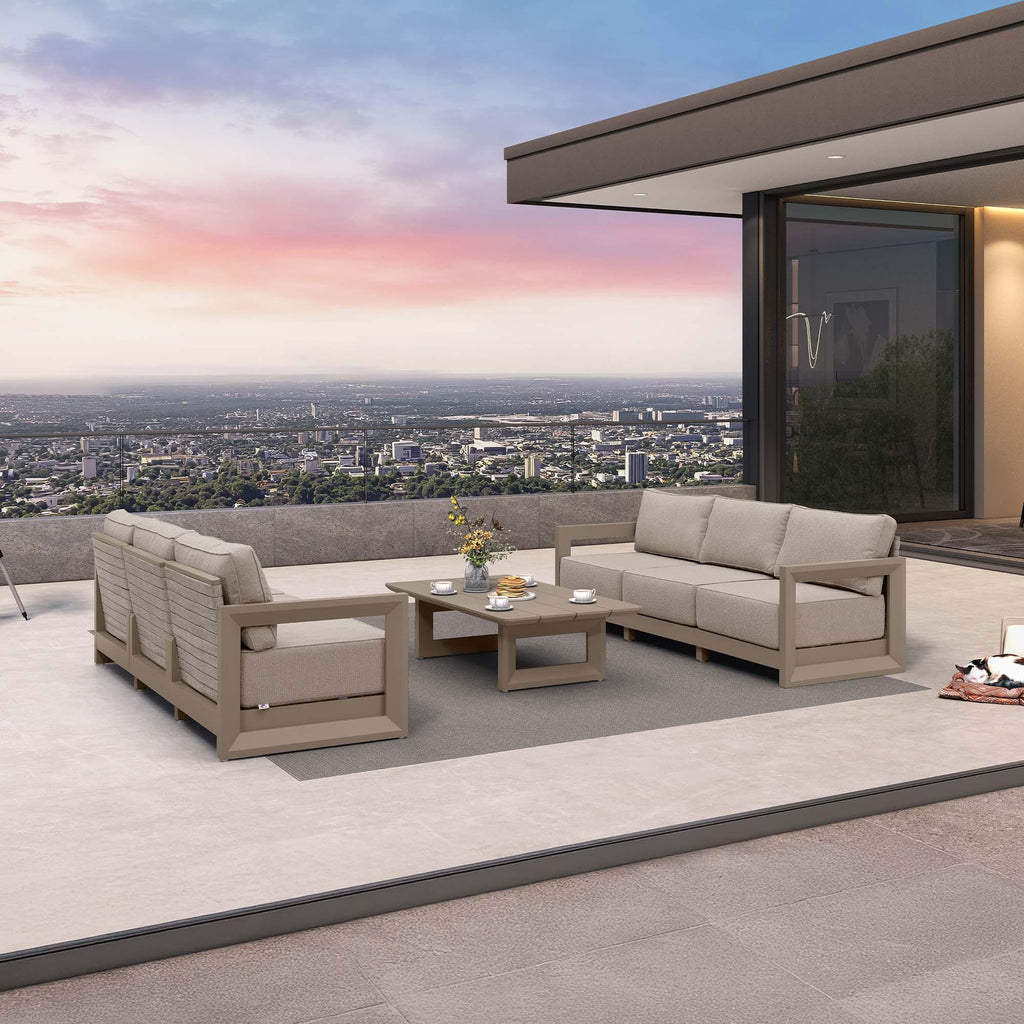 PURPLE LEAF Caesar Open-End Patio Conversation Set with Khaki Cushion Pillows and Ottoman for Modern Outdoor Deck