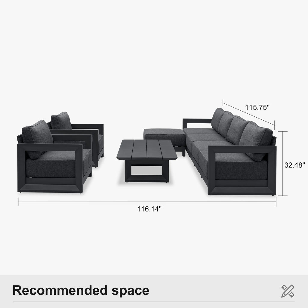 PURPLE LEAF Caesar Open-End Patio Conversation Set with Grey Cushion Pillows and Ottoman for Modern Outdoor Deck