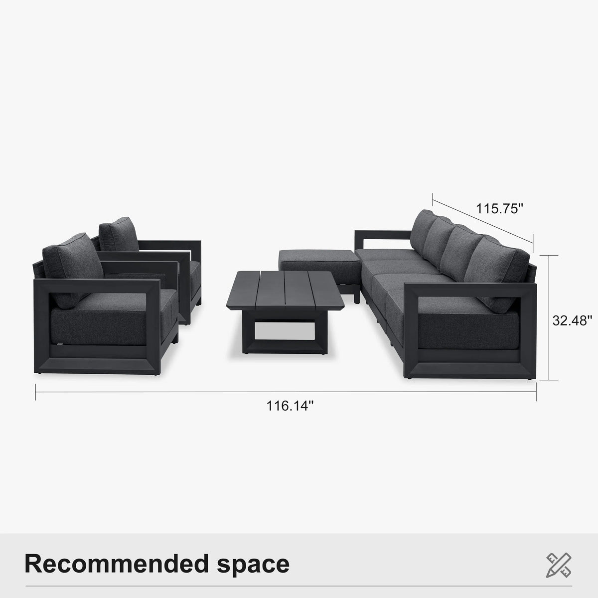 PURPLE LEAF Caesar Open-End Patio Conversation Set with Grey Cushion Pillows and Ottoman for Modern Outdoor Deck