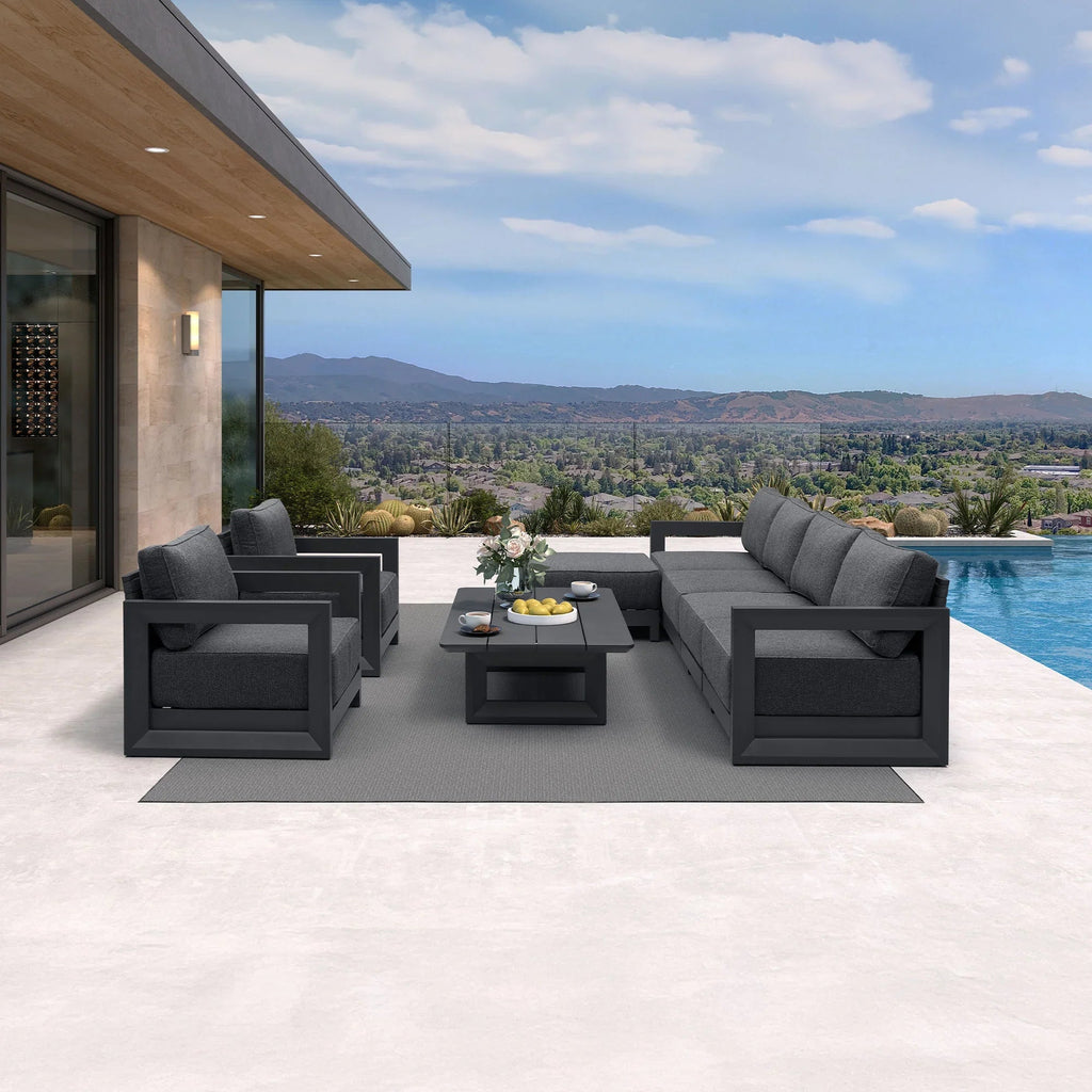 PURPLE LEAF Caesar Open-End Patio Conversation Set with Grey Cushion Pillows and Ottoman for Modern Outdoor Deck