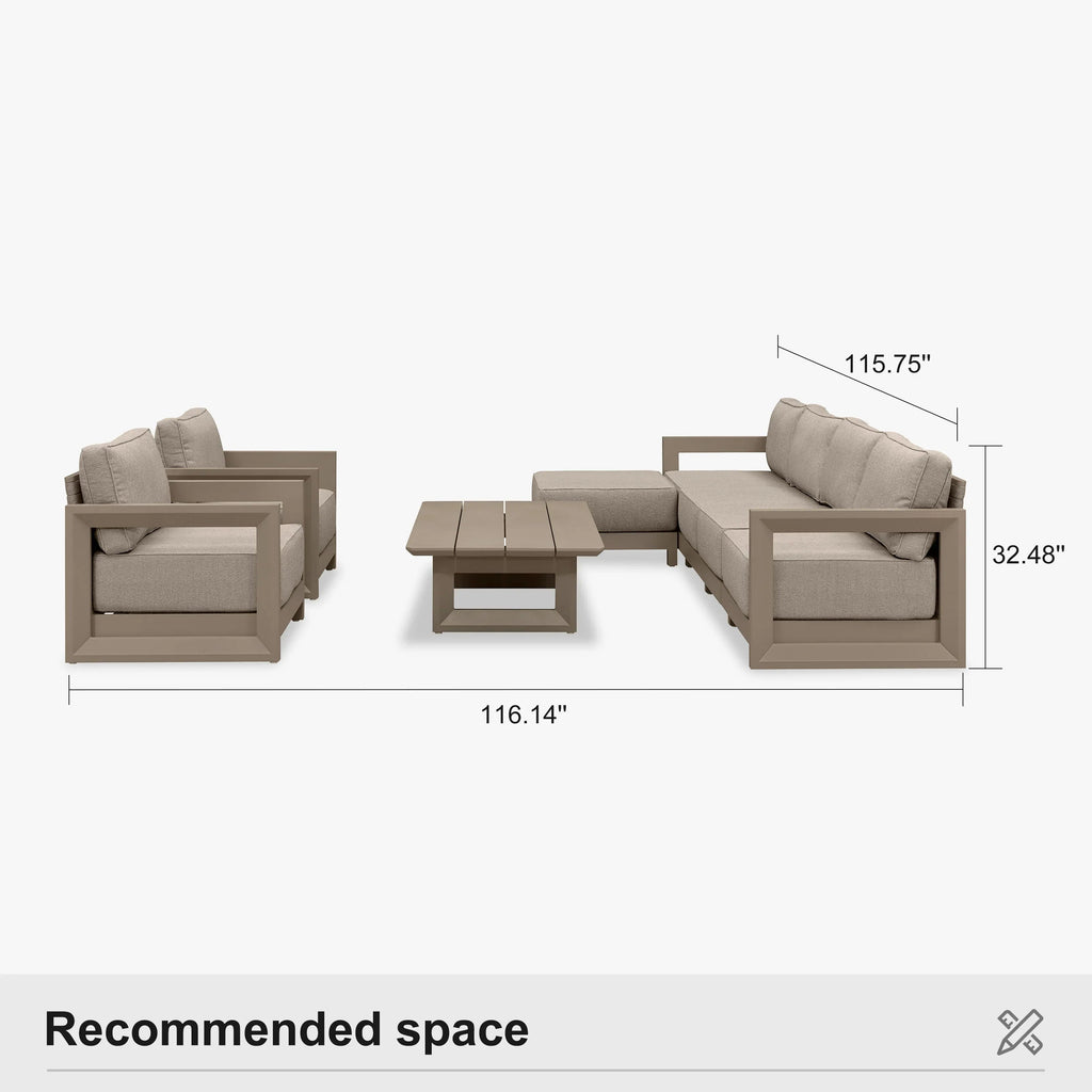 PURPLE LEAF Caesar Open-End Patio Conversation Set with Khaki Cushion Pillows and Ottoman for Modern Outdoor Deck