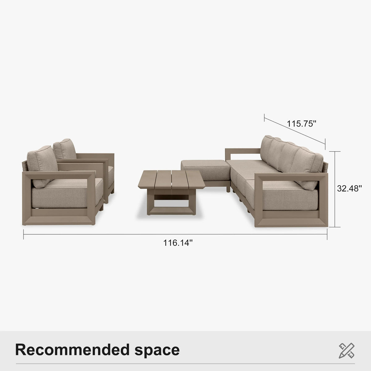 PURPLE LEAF Caesar Open-End Patio Conversation Set with Khaki Cushion Pillows and Ottoman for Modern Outdoor Deck