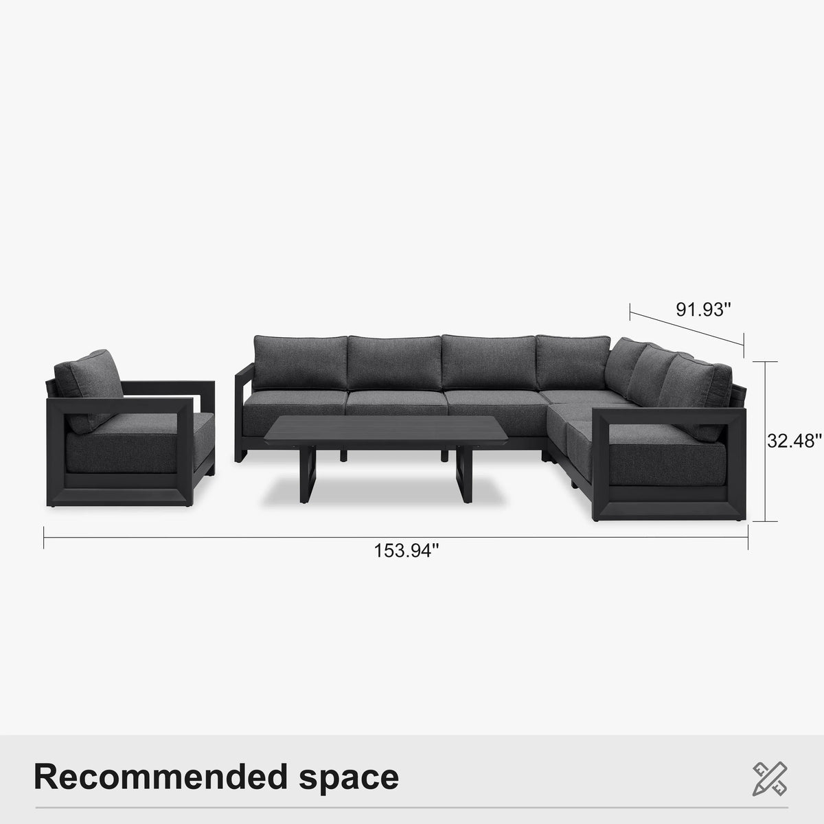 PURPLE LEAF Caesar Open-End Patio Conversation Set with Grey Cushion Pillows and Ottoman for Modern Outdoor Deck