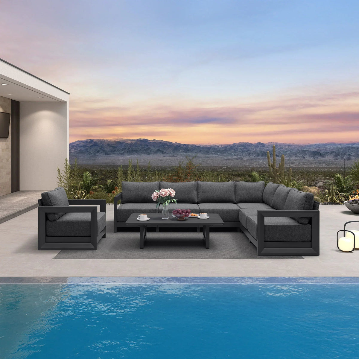 PURPLE LEAF Caesar Open-End Patio Conversation Set with Grey Cushion Pillows and Ottoman for Modern Outdoor Deck
