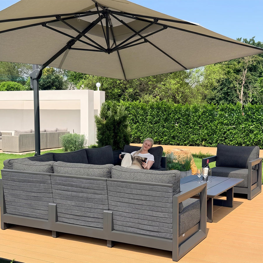PURPLE LEAF Caesar Open-End Patio Conversation Set with Grey Cushion Pillows and Ottoman for Modern Outdoor Deck