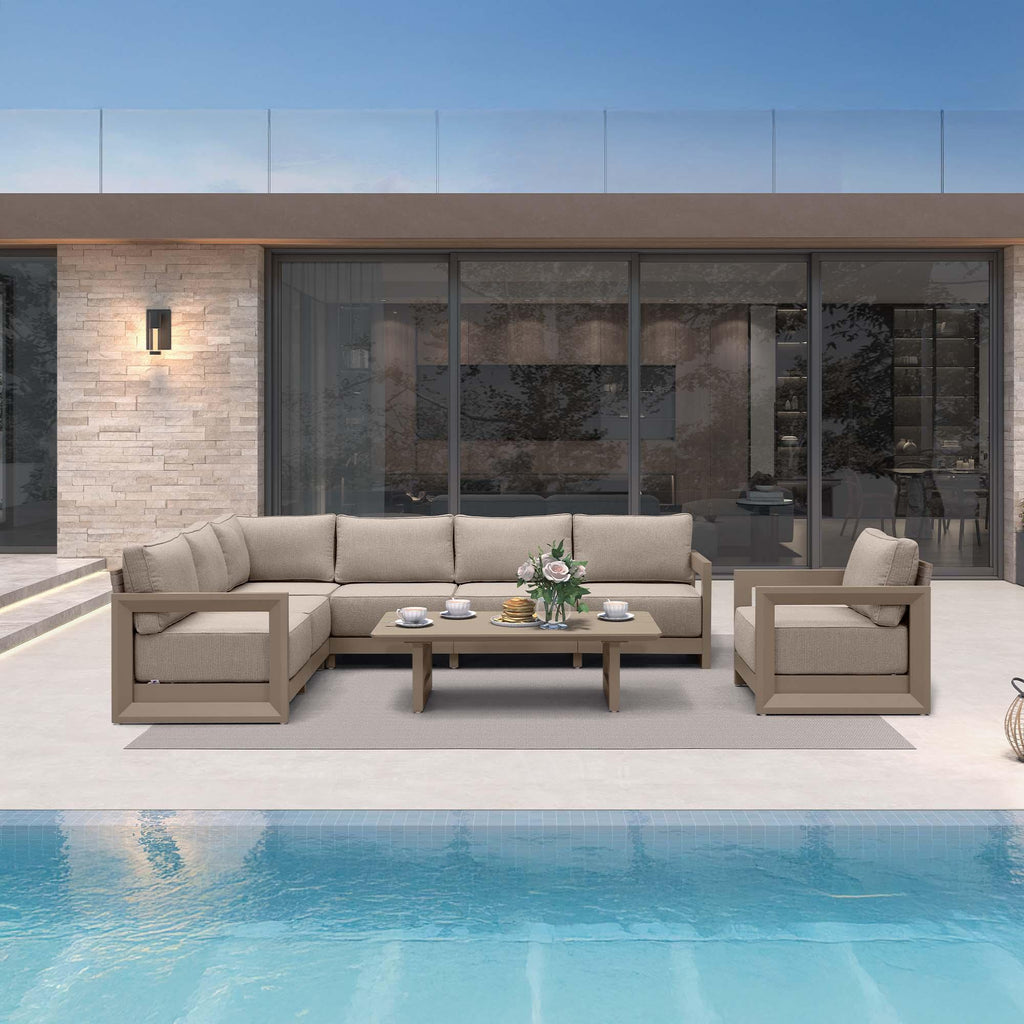 PURPLE LEAF Caesar Open-End Patio Conversation Set with Khaki Cushion Pillows and Ottoman for Modern Outdoor Deck