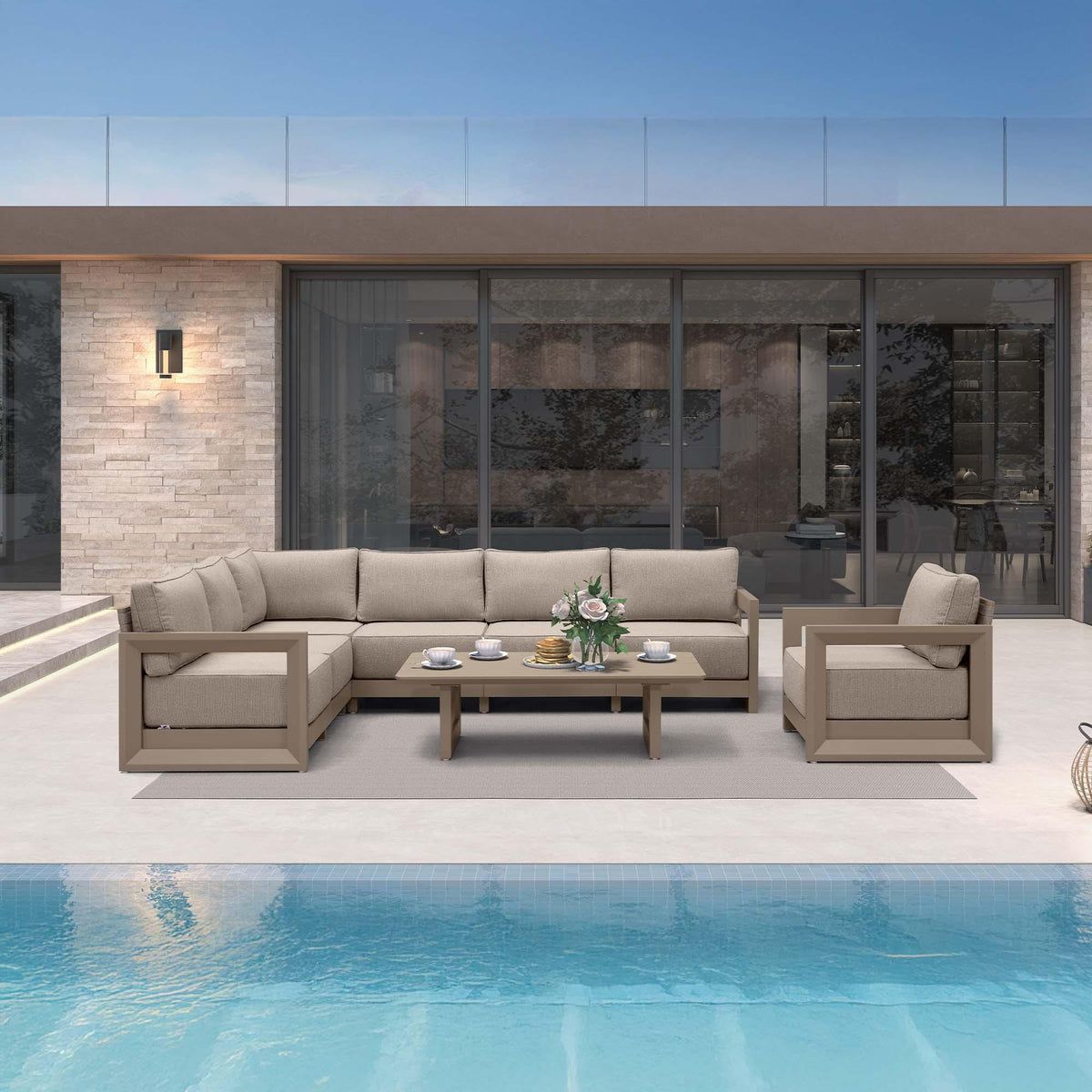 PURPLE LEAF Caesar Open-End Patio Conversation Set with Khaki Cushion Pillows and Ottoman for Modern Outdoor Deck