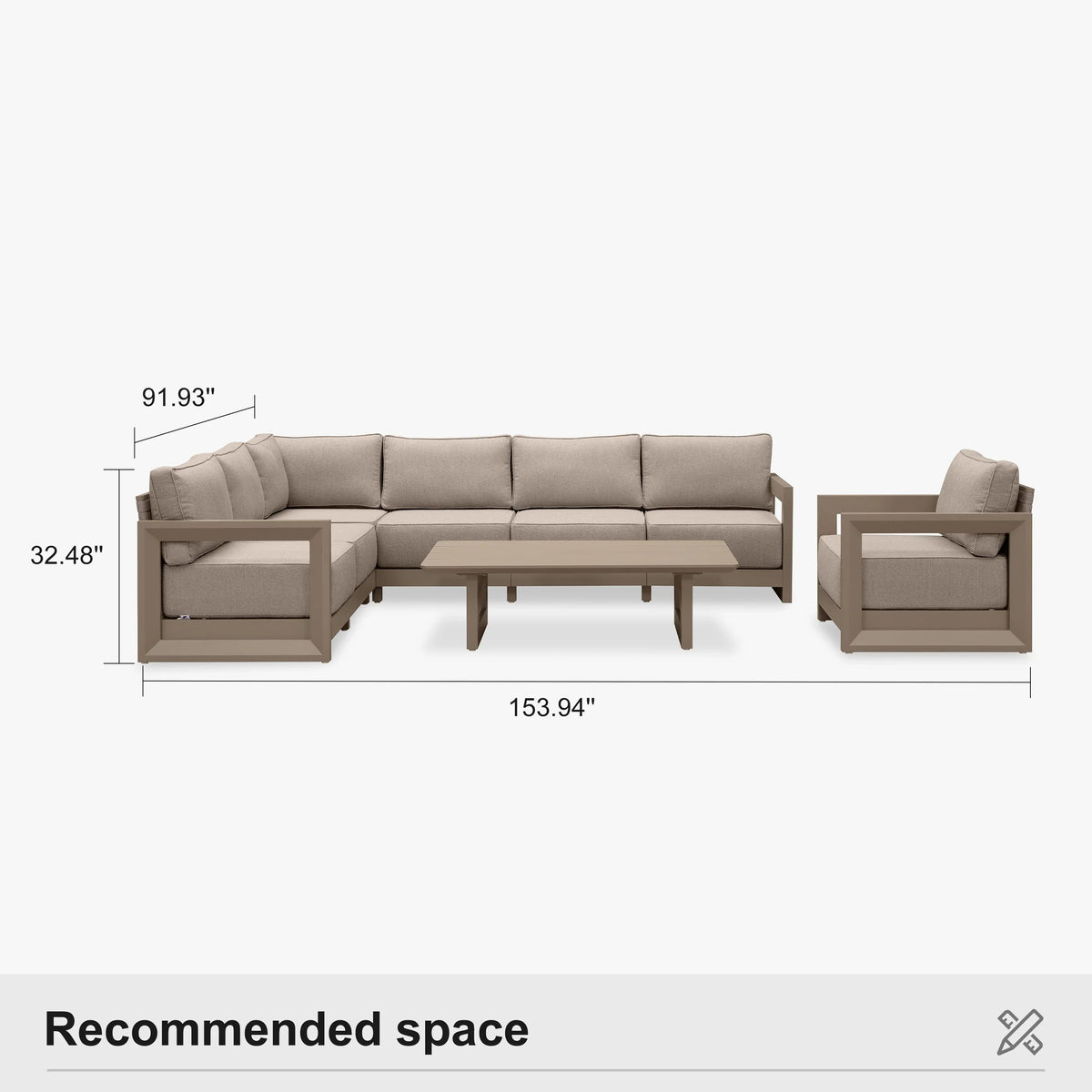 PURPLE LEAF Caesar Open-End Patio Conversation Set with Khaki Cushion Pillows and Ottoman for Modern Outdoor Deck