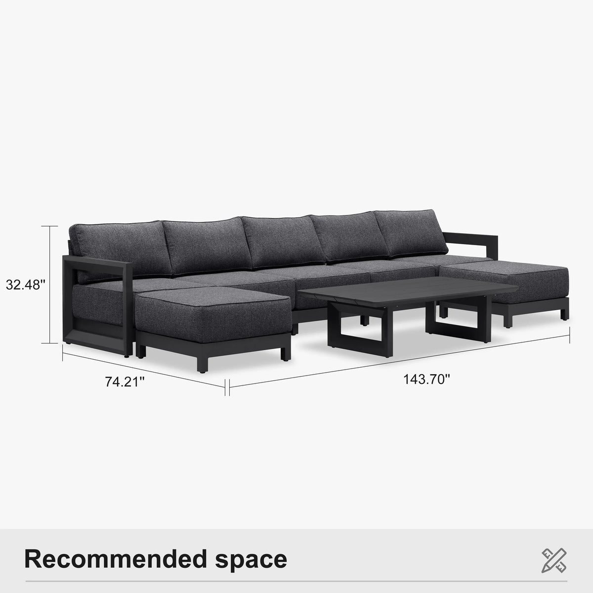 PURPLE LEAF Caesar U-Shaped Patio Conversation Set with Grey Cushion Pillows and Ottoman Couch for Patio Backyard