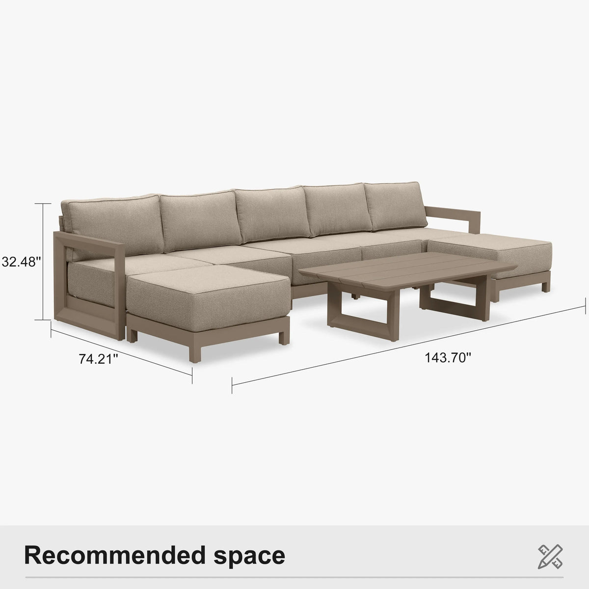 PURPLE LEAF Caesar U-Shaped Patio Conversation Set with Khaki Cushion Pillows and Ottoman Couch for Patio Backyard