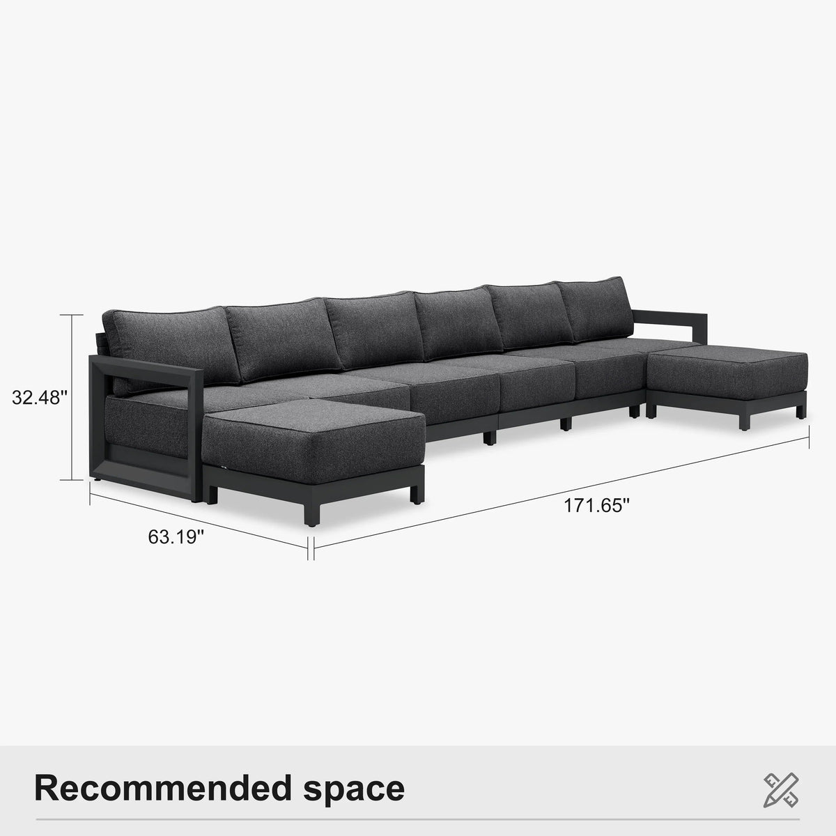 PURPLE LEAF Caesar U-Shaped Patio Conversation Set with Grey Cushion Pillows and Ottoman Couch for Patio Backyard