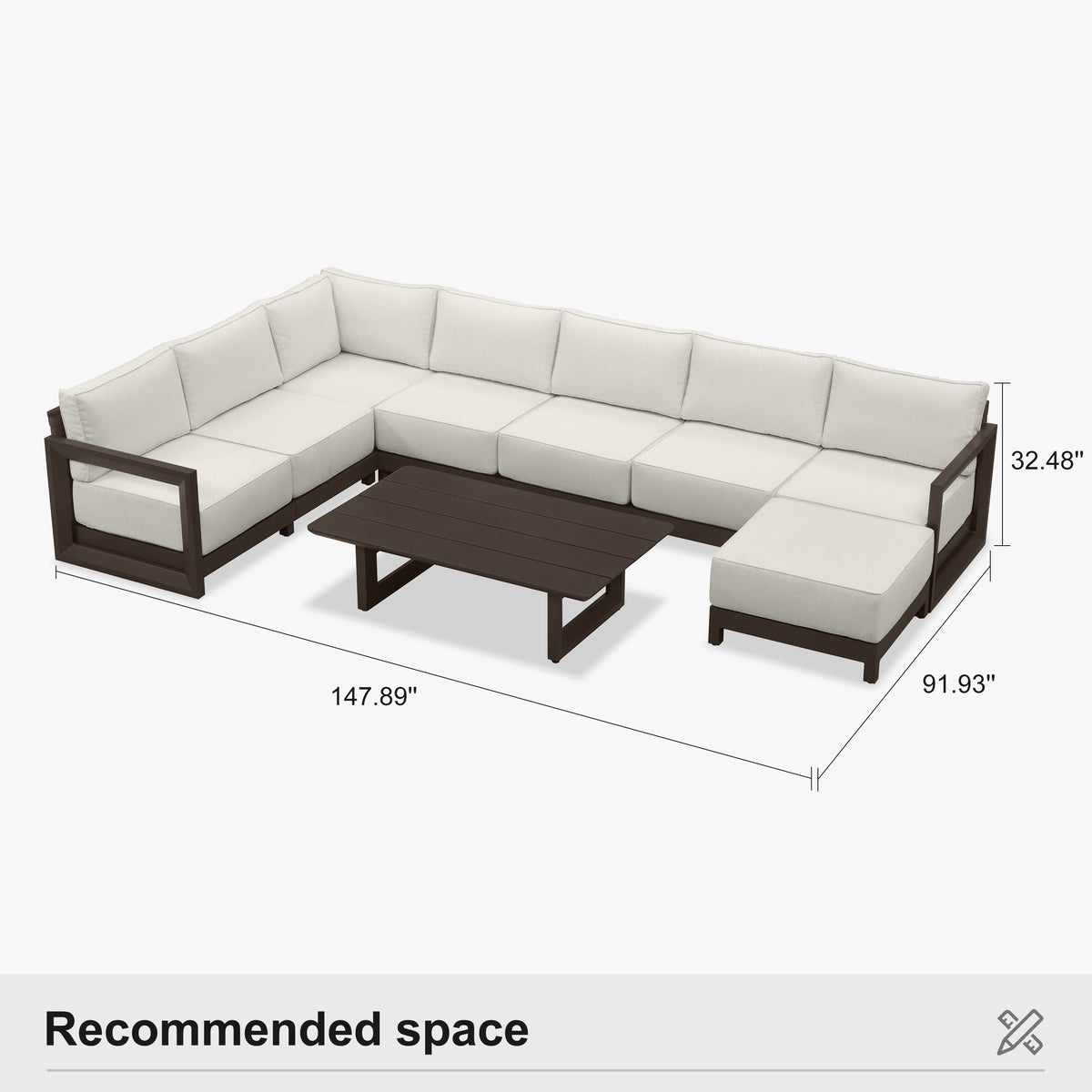 PURPLE LEAF Caesar U-Shaped Patio Conversation Set with Bronze Cushion Pillows and Ottoman Couch for Patio Backyard