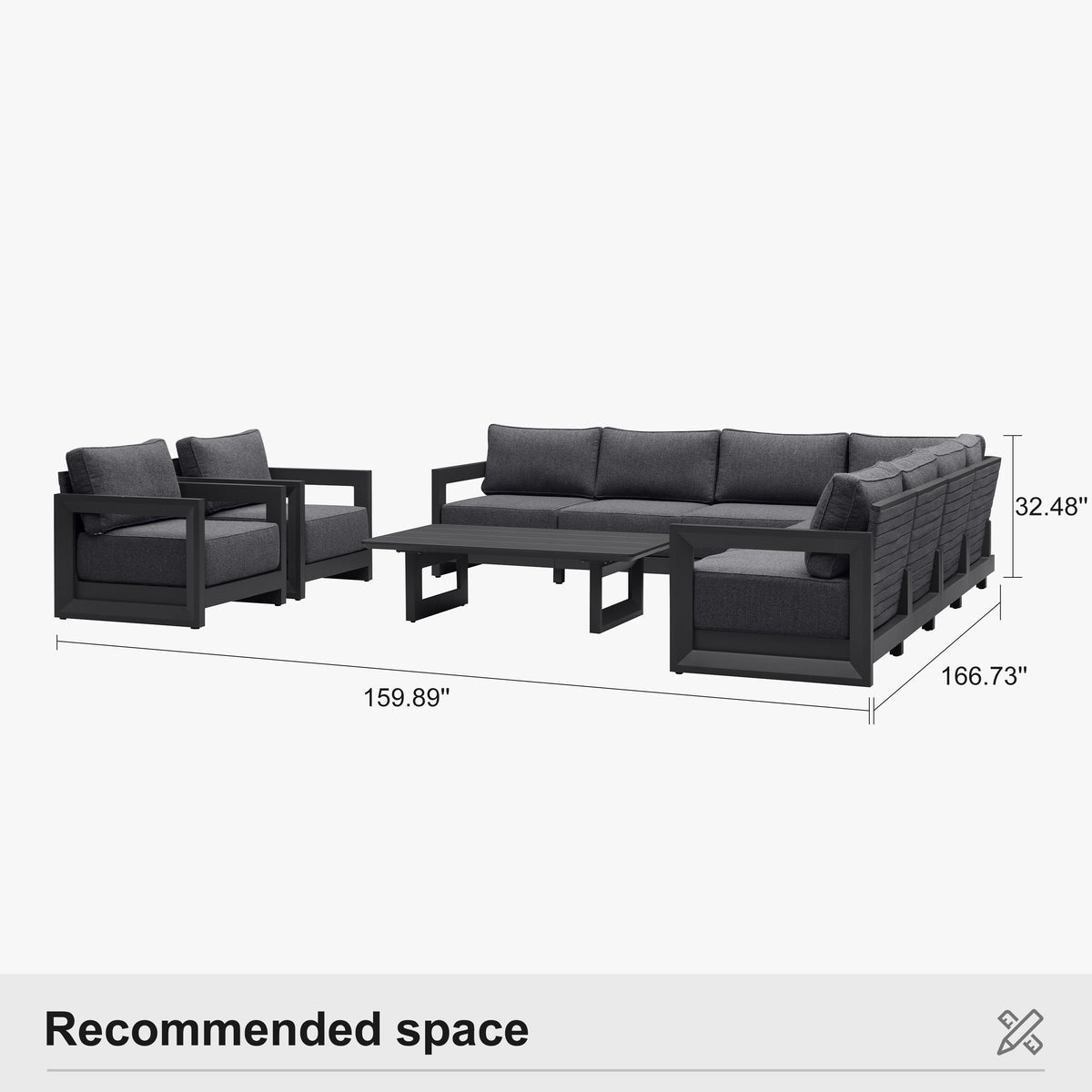 PURPLE LEAF Caesar Open-End Patio Conversation Set with Grey Cushion Pillows and Ottoman for Modern Outdoor Deck
