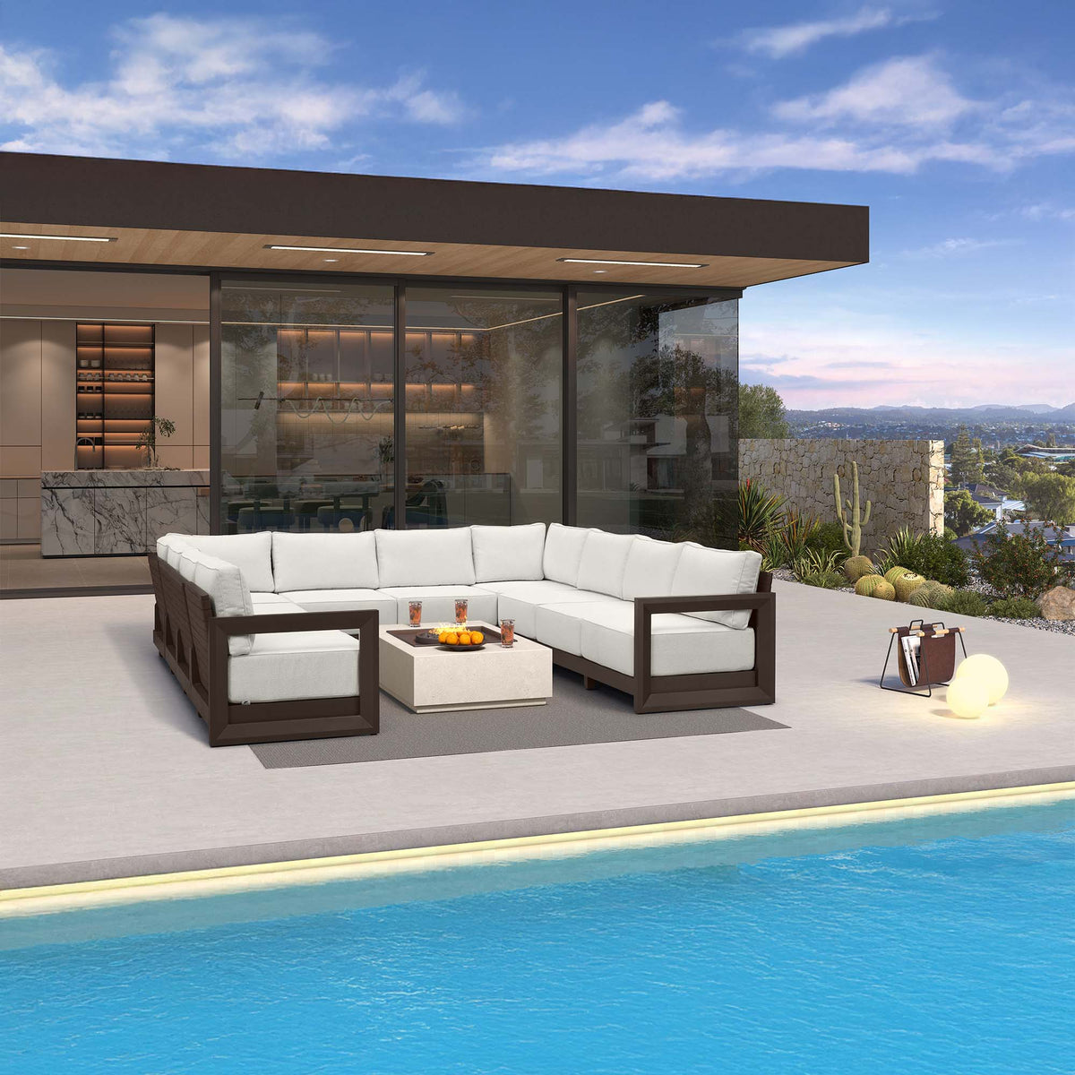 PURPLE LEAF Caesar U-Shaped Patio Conversation Set with Bronze Cushion Pillows and Ottoman Couch for Patio Backyard