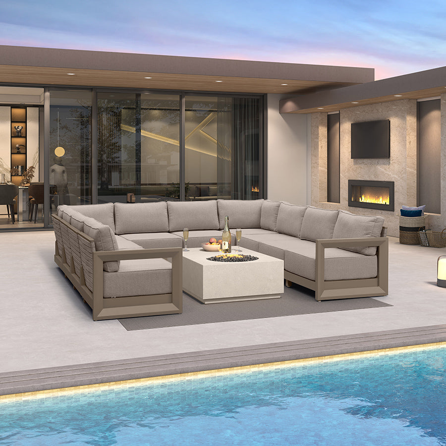 PURPLE LEAF Caesar U-Shaped Patio Conversation Set with Khaki Cushion Pillows and Ottoman Couch for Patio Backyard
