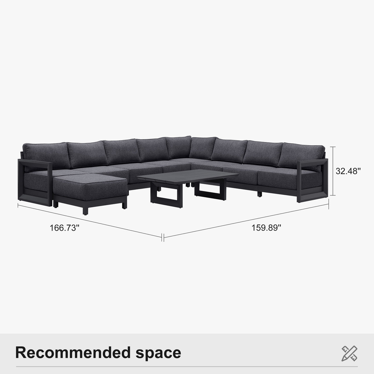 PURPLE LEAF Caesar U-Shaped Patio Conversation Set with Grey Cushion Pillows and Ottoman Couch for Patio Backyard