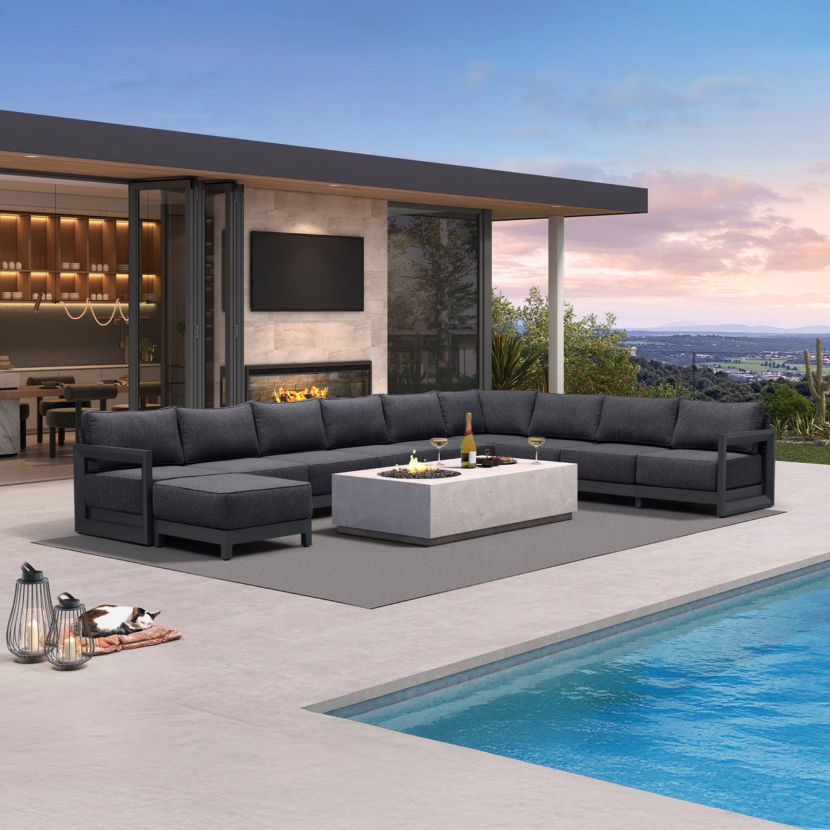 PURPLE LEAF Caesar U-Shaped Patio Conversation Set with Grey Cushion Pillows and Ottoman Couch for Patio Backyard