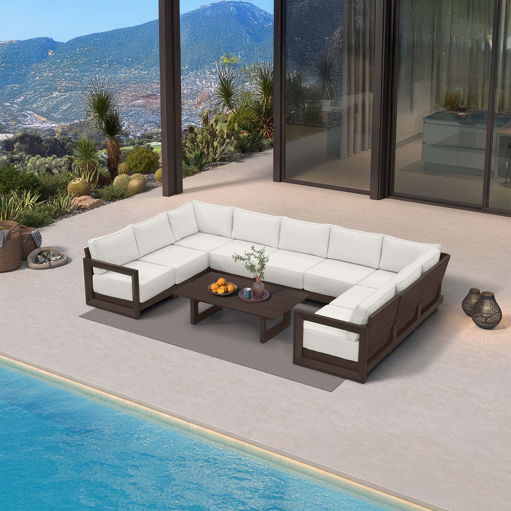 PURPLE LEAF Caesar U-Shaped Patio Conversation Set with Bronze Cushion Pillows and Ottoman Couch for Patio Backyard