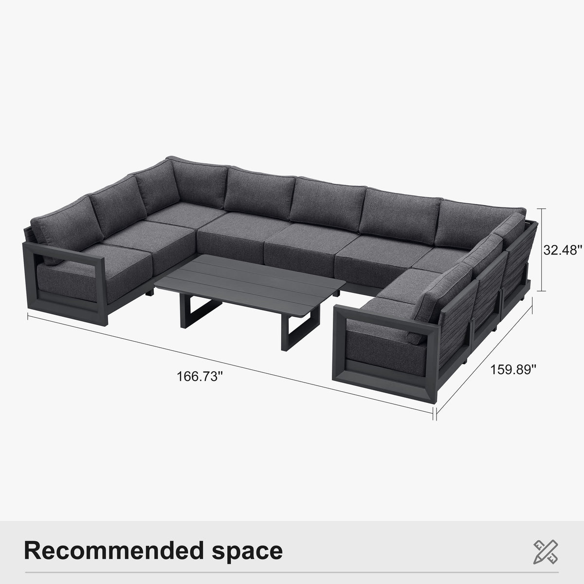PURPLE LEAF Caesar U-Shaped Patio Conversation Set with Grey Cushion Pillows and Ottoman Couch for Patio Backyard