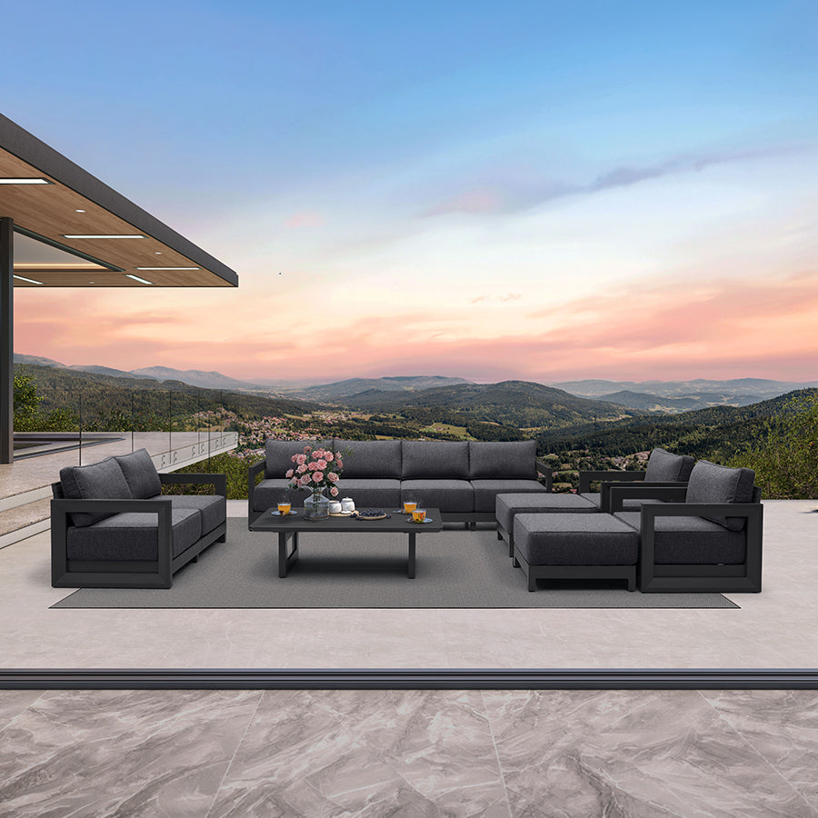PURPLE LEAF Caesar Open-End Patio Conversation Set with Grey Cushion Pillows and Ottoman for Modern Outdoor Deck