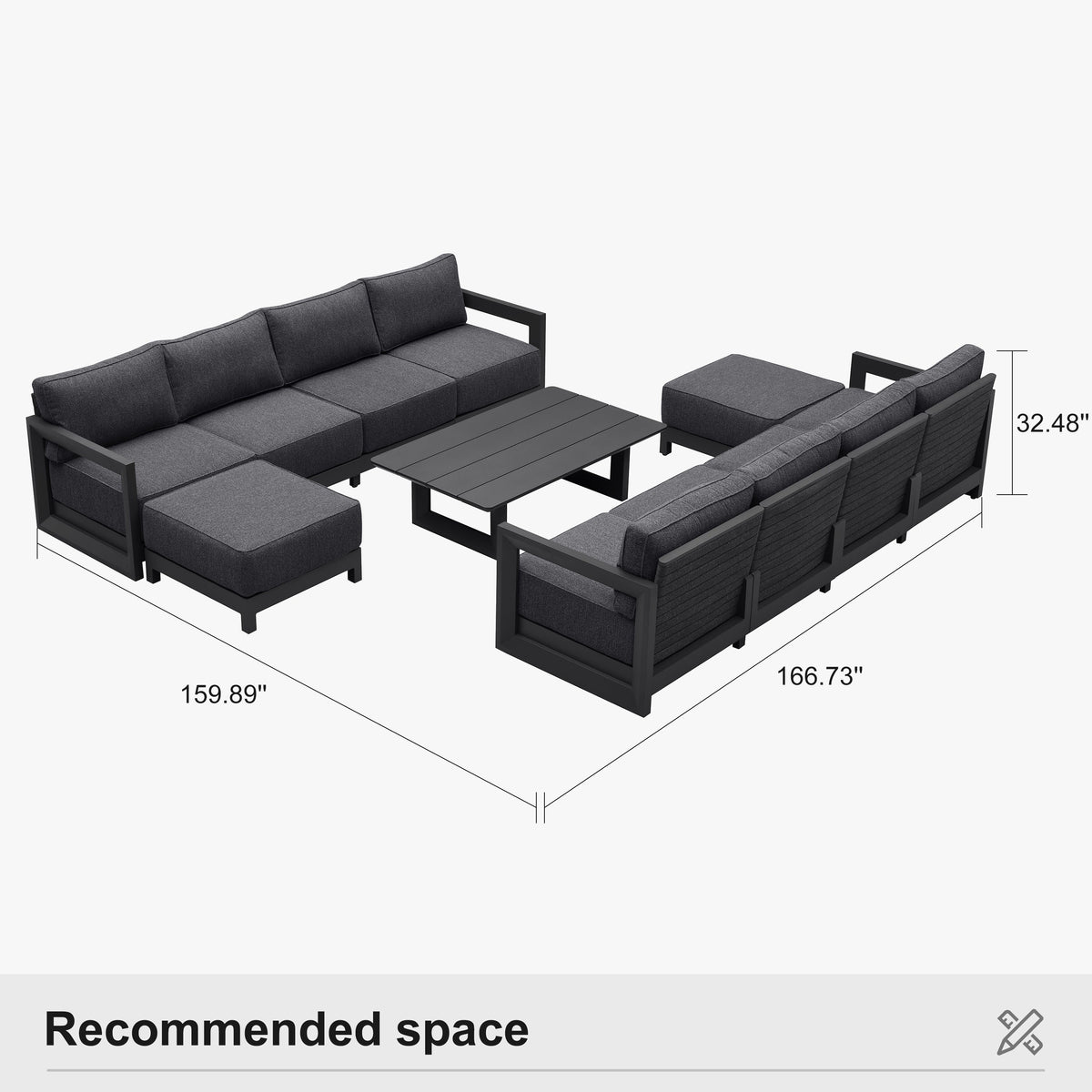PURPLE LEAF Caesar L-shaped Patio Conversation Set with Grey Cushion Pillows and Ottoman Couch for Backyard Porch
