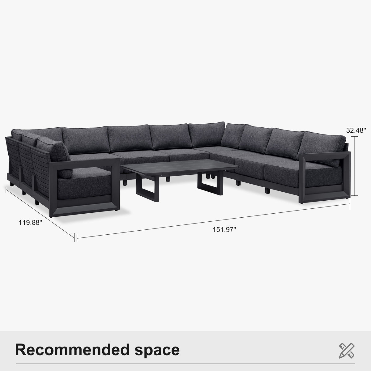 PURPLE LEAF Caesar U-Shaped Patio Conversation Set with Grey Cushion Pillows and Ottoman Couch for Patio Backyard