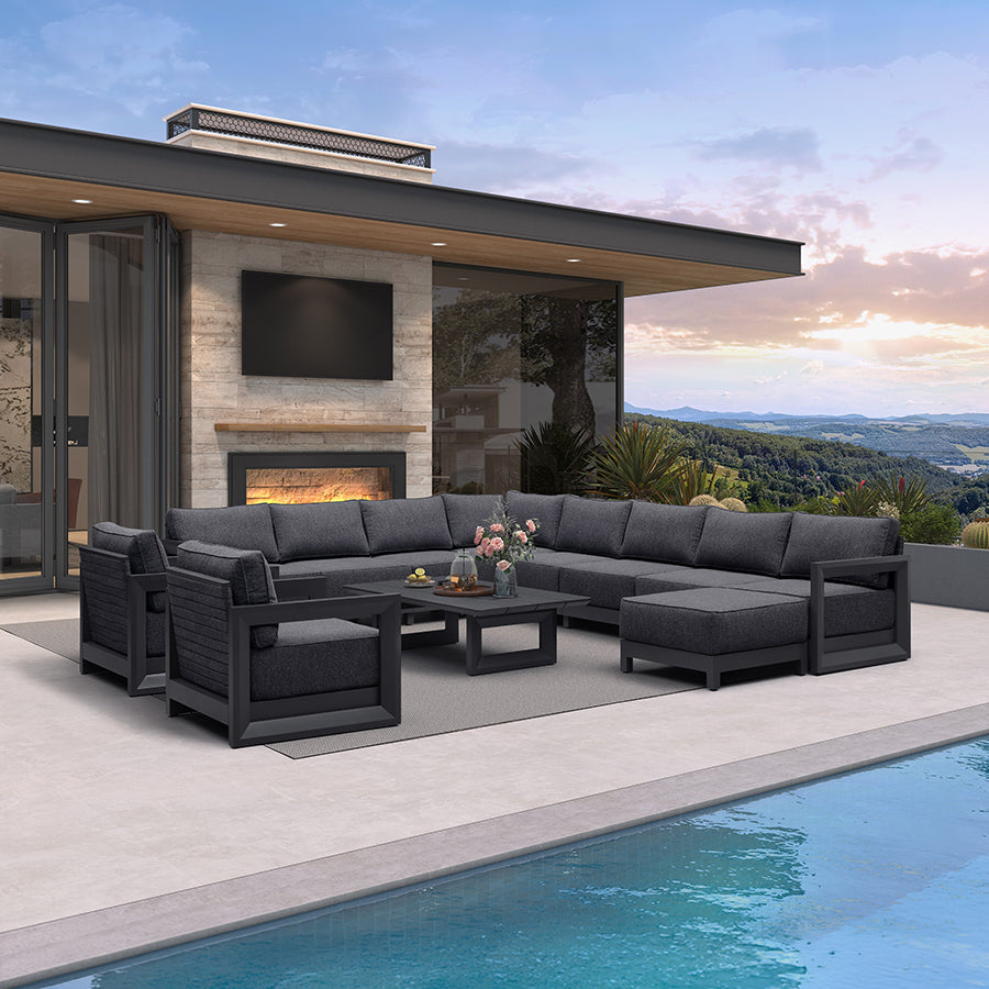 PURPLE LEAF Caesar Enclosed Patio Conversation Set with Grey Cushion Pillows and Ottoman for Porch Garden