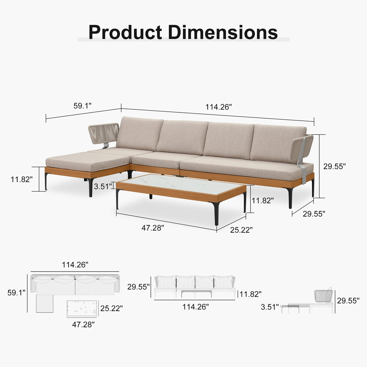 PURPLE LEAF Sicilia L-Shaped Modular Outdoor Sectional with Oatmeal Greige Cushions Flexible Layout for Garden Poolside
