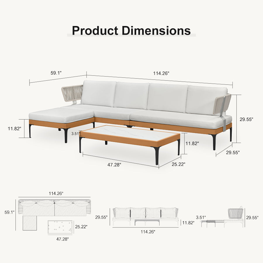 PURPLE LEAF Sicilia L-Shaped Modular Outdoor Sectional with Sunbrella White Cushions Flexible Layout for Minimalist Modern Patio