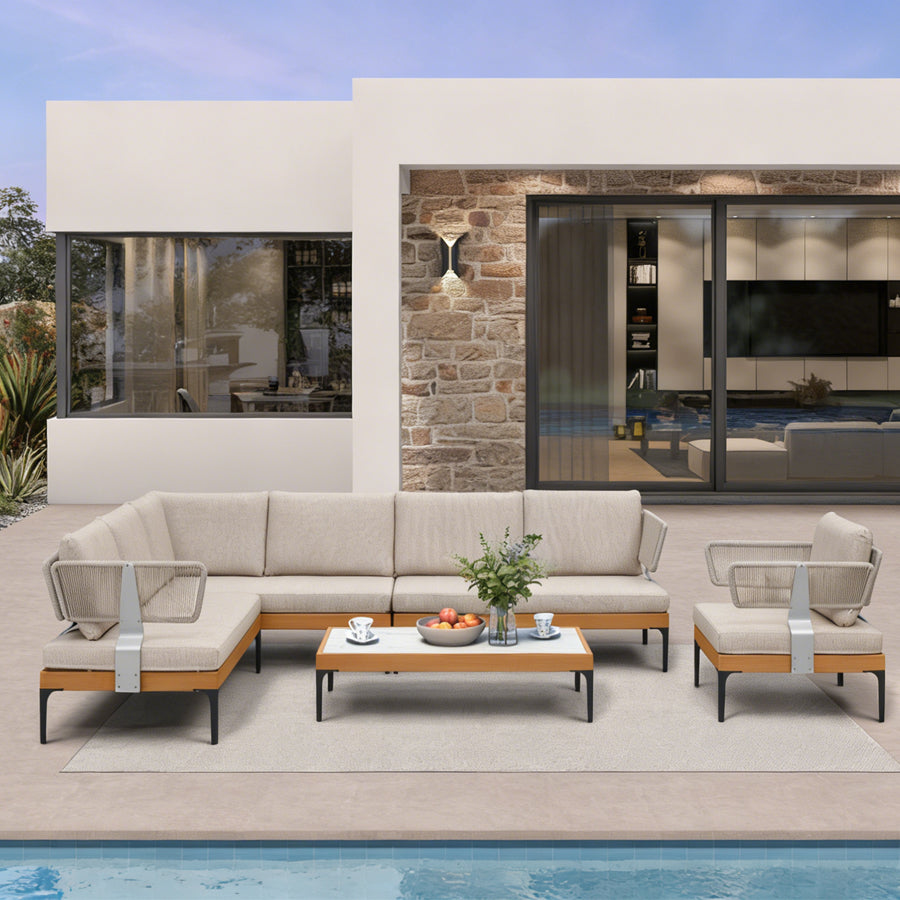 PURPLE LEAF Sicilia Classical Modular Outdoor Sectional with Oatmeal Greige Cushions Flexible Layout for Commercial Spaces