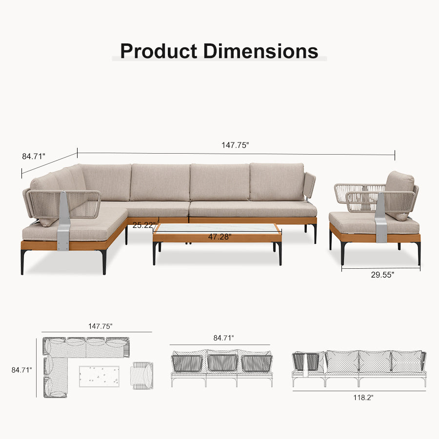 PURPLE LEAF Sicilia Classical Modular Outdoor Sectional with Oatmeal Greige Cushions Flexible Layout for Commercial Spaces