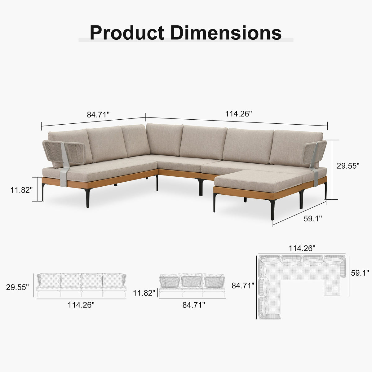 PURPLE LEAF Sicilia L-Shaped Modular Outdoor Sectional with Oatmeal Greige Cushions Flexible Layout for Garden Poolside