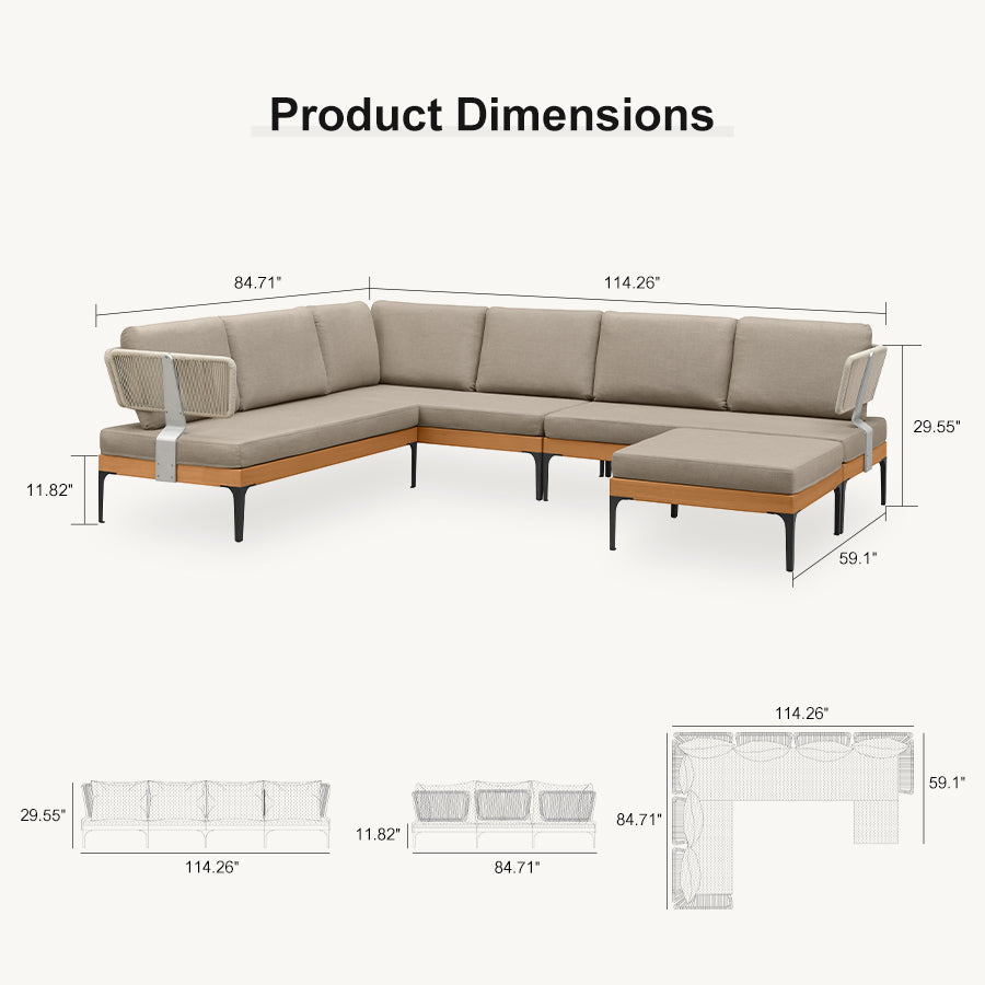 PURPLE LEAF Sicilia L-Shaped Modular Outdoor Sectional with Sunbrella Taupe Cushions Flexible Layout for Modern Patio Corner Lounge