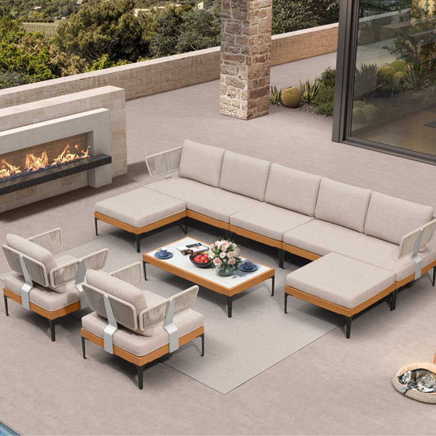 PURPLE LEAF Sicilia Classical Modular Outdoor Sectional with Oatmeal Greige Cushions Flexible Layout for Commercial Spaces