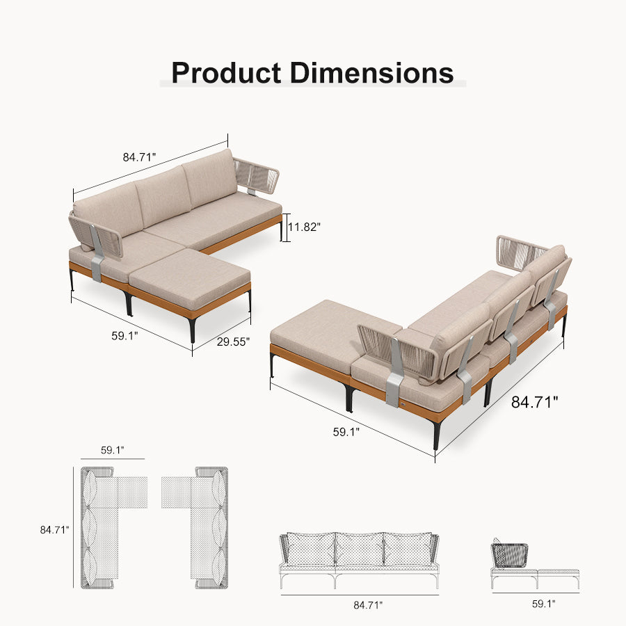 PURPLE LEAF Sicilia U-Shaped Modular Outdoor Sectional with Oatmeal Greige Cushions Flexible Layout for Porch Backyard