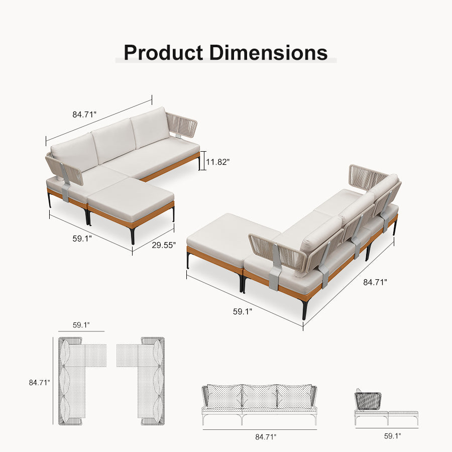 PURPLE LEAF Sicilia U-Shaped Modular Outdoor Sectional with Sunbrella White Cushions Flexible Layout for Commercial Lounge Areas