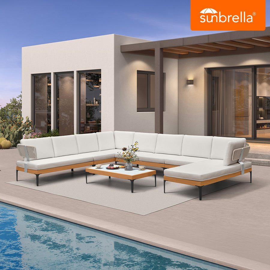 PURPLE LEAF Sicilia U-Shaped Modular Outdoor Sectional with Sunbrella White Cushions Flexible Layout for Commercial Lounge Areas