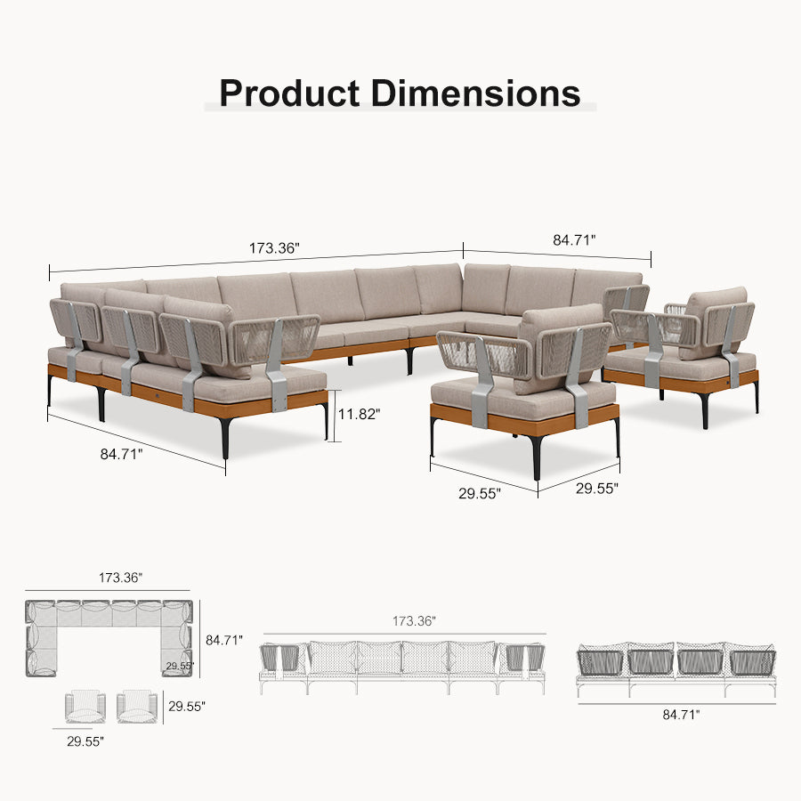 PURPLE LEAF Sicilia Classical Modular Outdoor Sectional with Oatmeal Greige Cushions Flexible Layout for Commercial Spaces