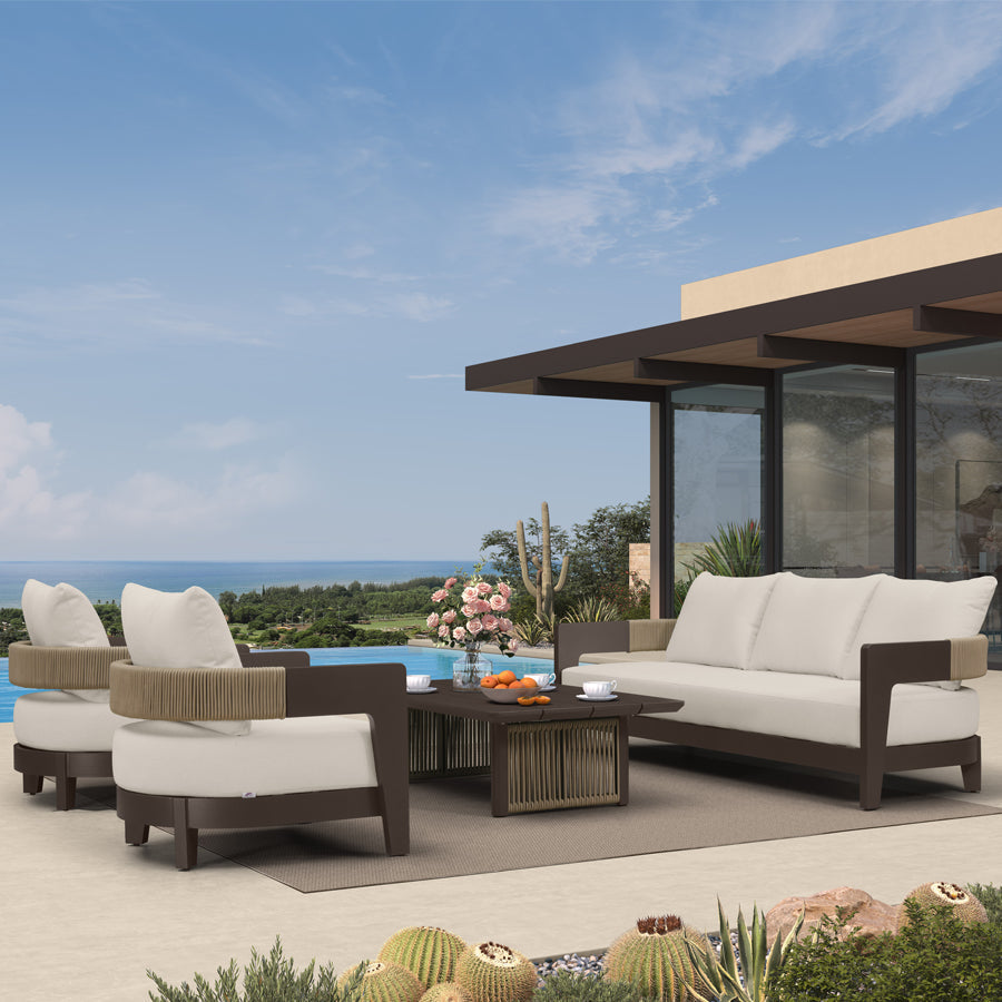 PURPLE LEAF Tuscany U-Shaped Patio Conversation Set with Removable Cushions and Pillows Bronze Aluminum Frame Outdoor Couch Sets for Porch Yard Garden