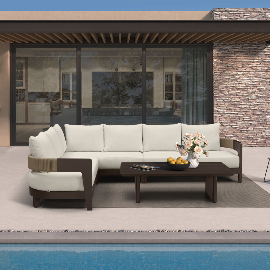 PURPLE LEAF Tuscany L-Shaped Patio Conversation Set with Removable Cushions and Pillows Bronze Aluminum Frame Outdoor Couch Sets for Porch Yard Garden