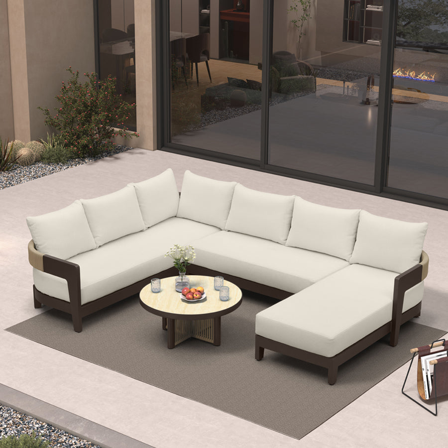 PURPLE LEAF Tuscany U-Shaped Patio Conversation Set with Removable Cushions and Pillows Bronze Aluminum Frame Outdoor Couch Sets for Porch Yard Garden
