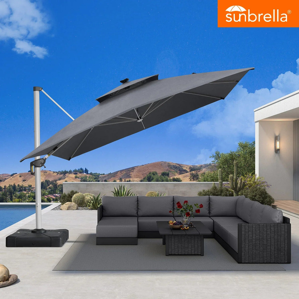 PURPLE LEAF SUNBRELLA Solar Cantilever Umbrella with Lights, Large Umbrellas For Outdoor Patio