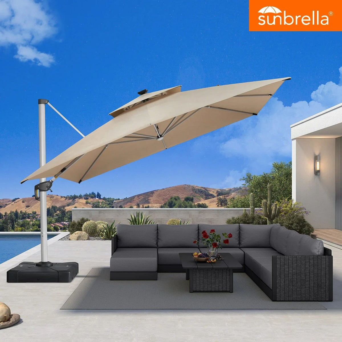 PURPLE LEAF SUNBRELLA Solar Cantilever Umbrella with Lights, Large Umbrellas For Outdoor Patio